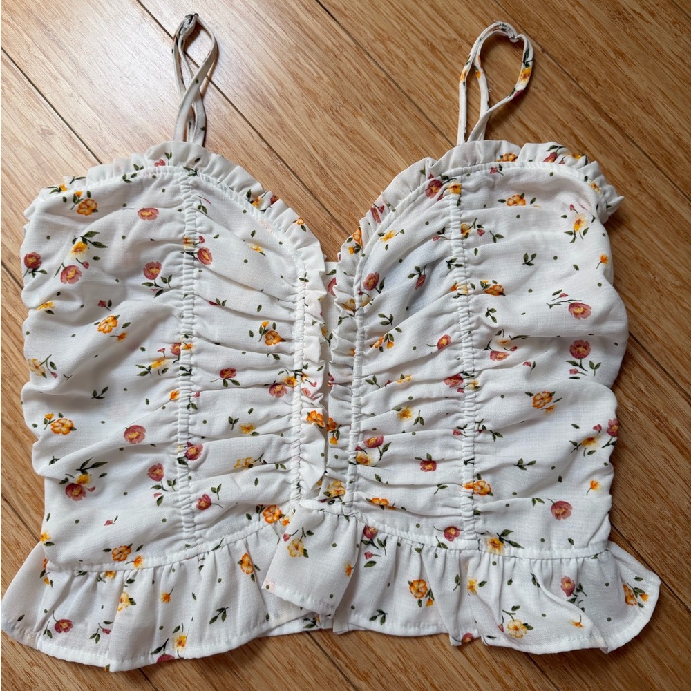 Aqua White Floral Ruffled Crop Cami with Yellow & Pink Flowers